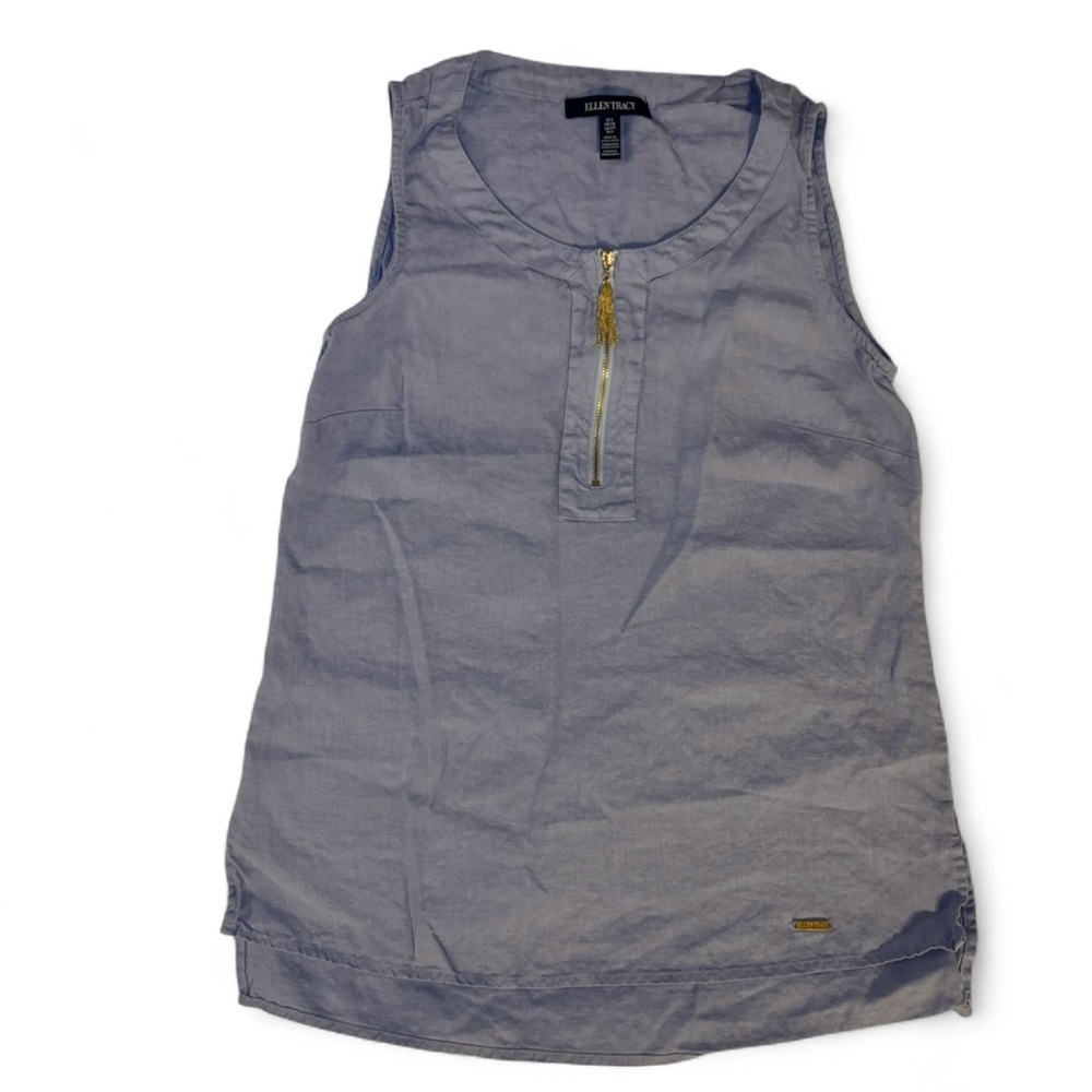 Ellen Tracy Small Light Blue Linen Tunic Tank Top with Zipper